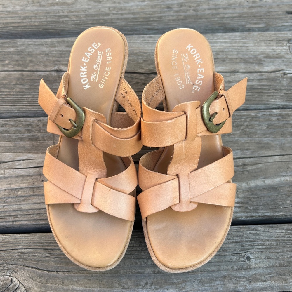 Vintage Kork-Ease Women's Tan Leather Heeled Wedge Slip-On